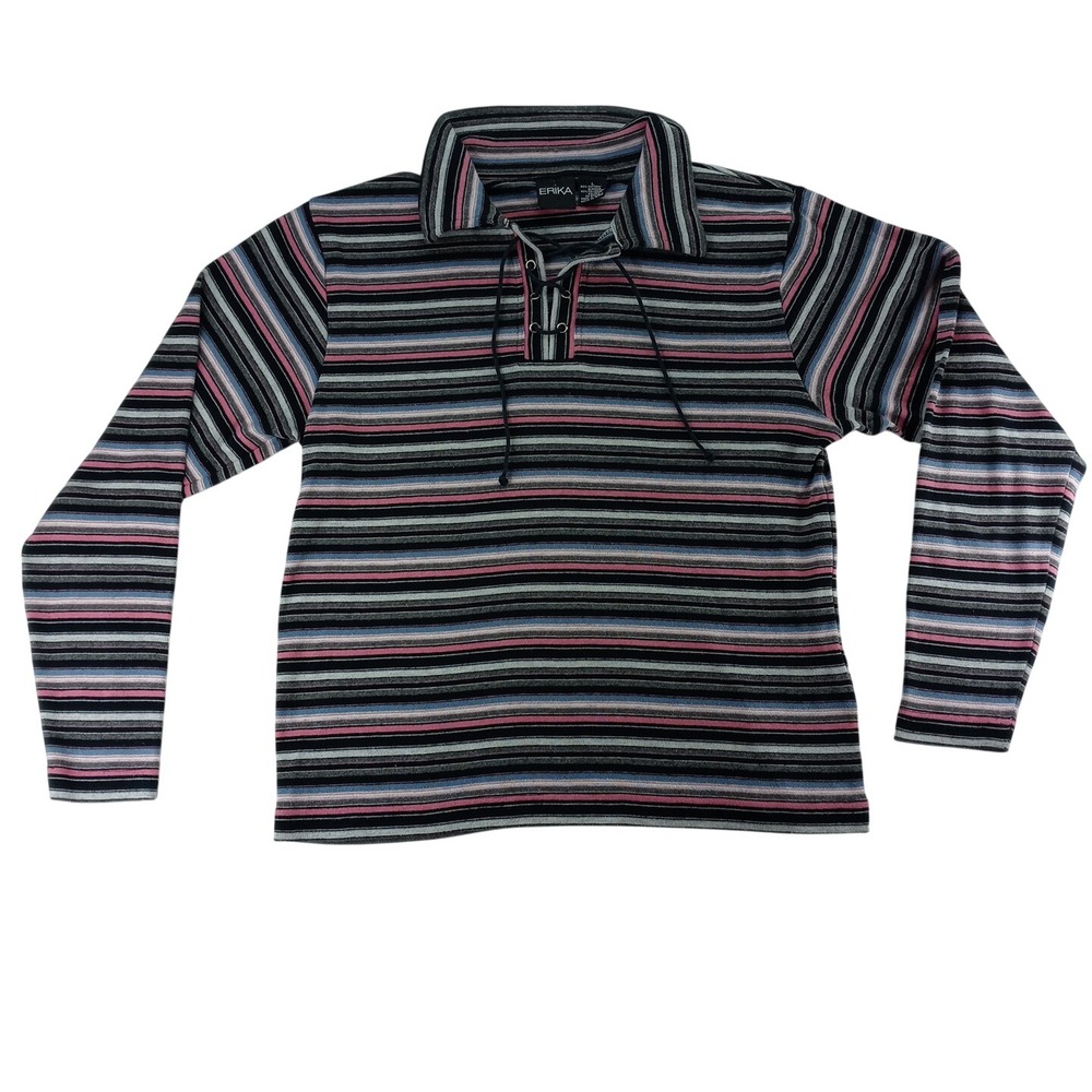 VTG Erika Striped Lace‎ Up Collar Long Sleeve Womens Sz L Pink Black Gray Blue